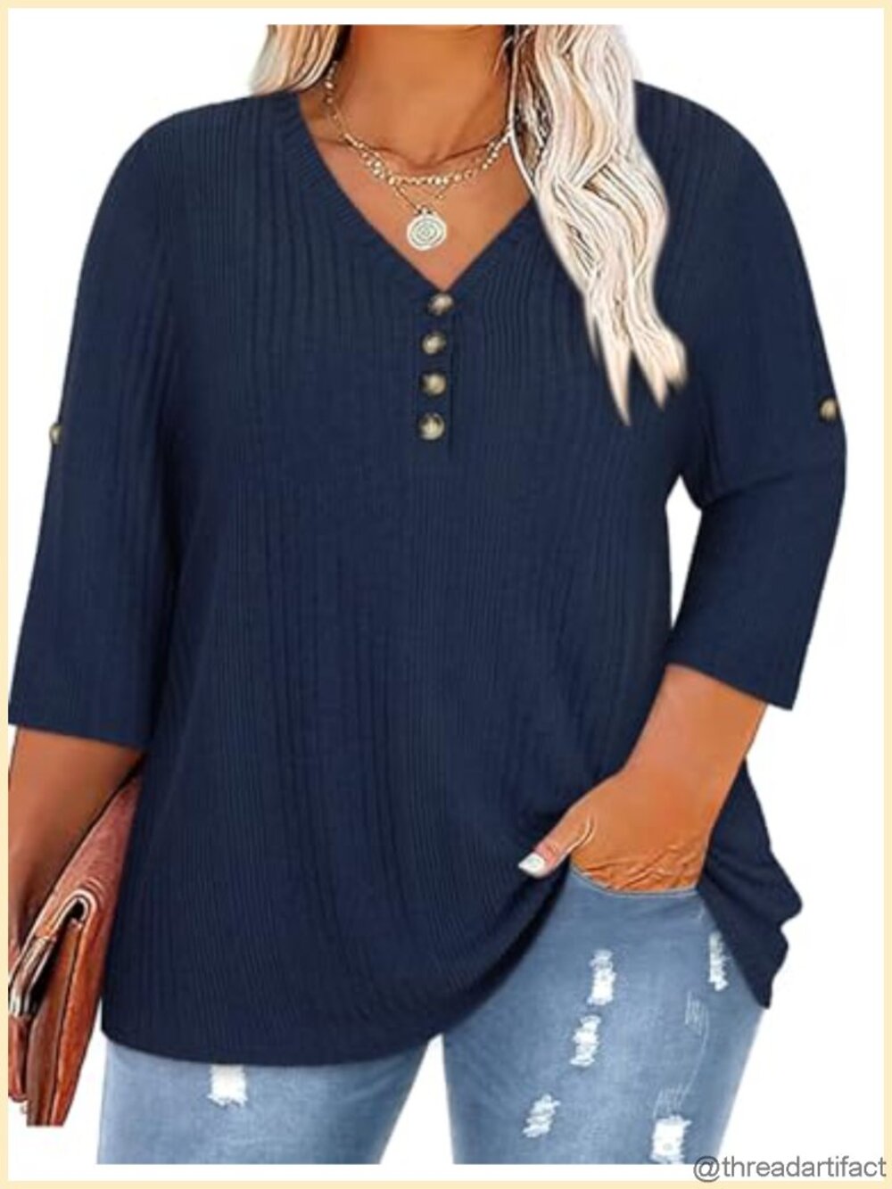 Plus Size V-Neck 3/4 Roll Sleeve Knit Pullover Sweater Casual Tunic